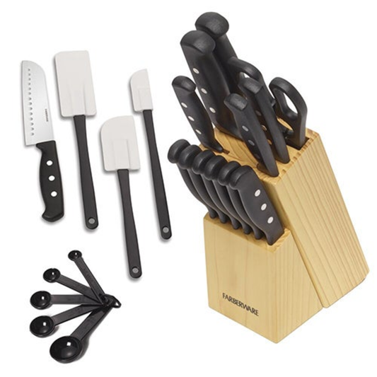 22PC TRIPLE RIVET NEVER NEEDS SHARPENING KNIFE BLOCK W/ KITCHEN TOOLS